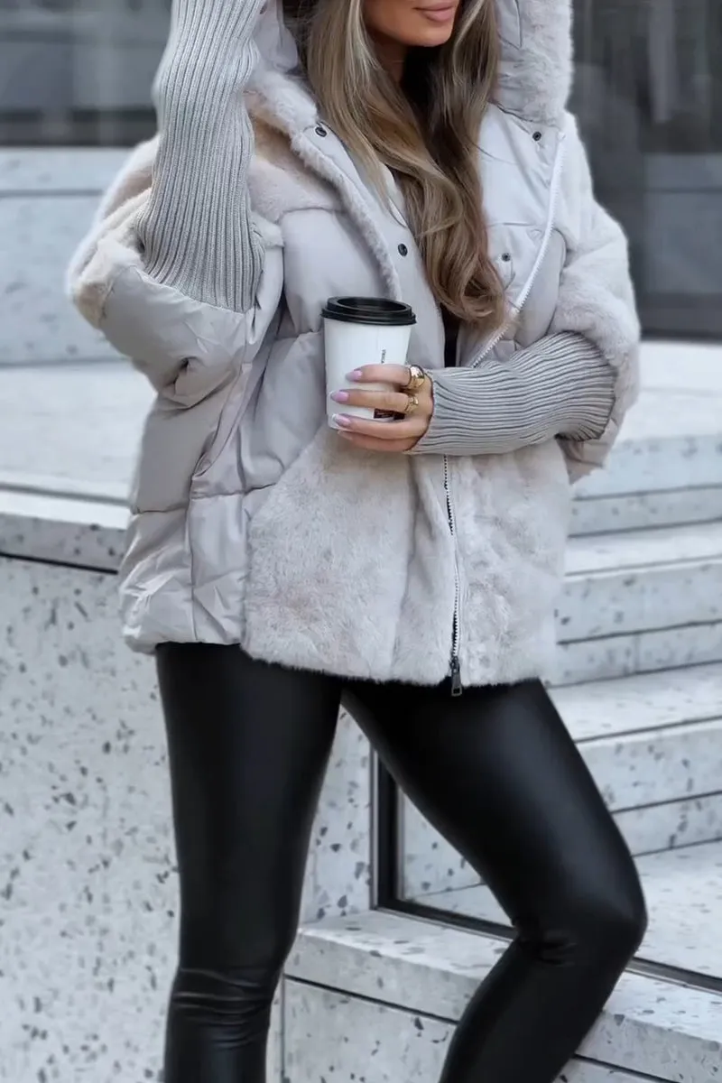 Women's Quilted Hooded Winter Jacket with Plush Trim
