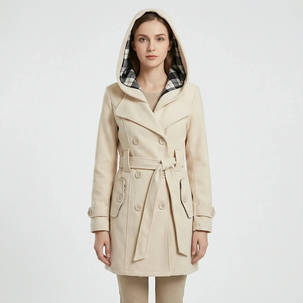 Women's Hooded Trench Coat with Belt and Double-Breasted Front