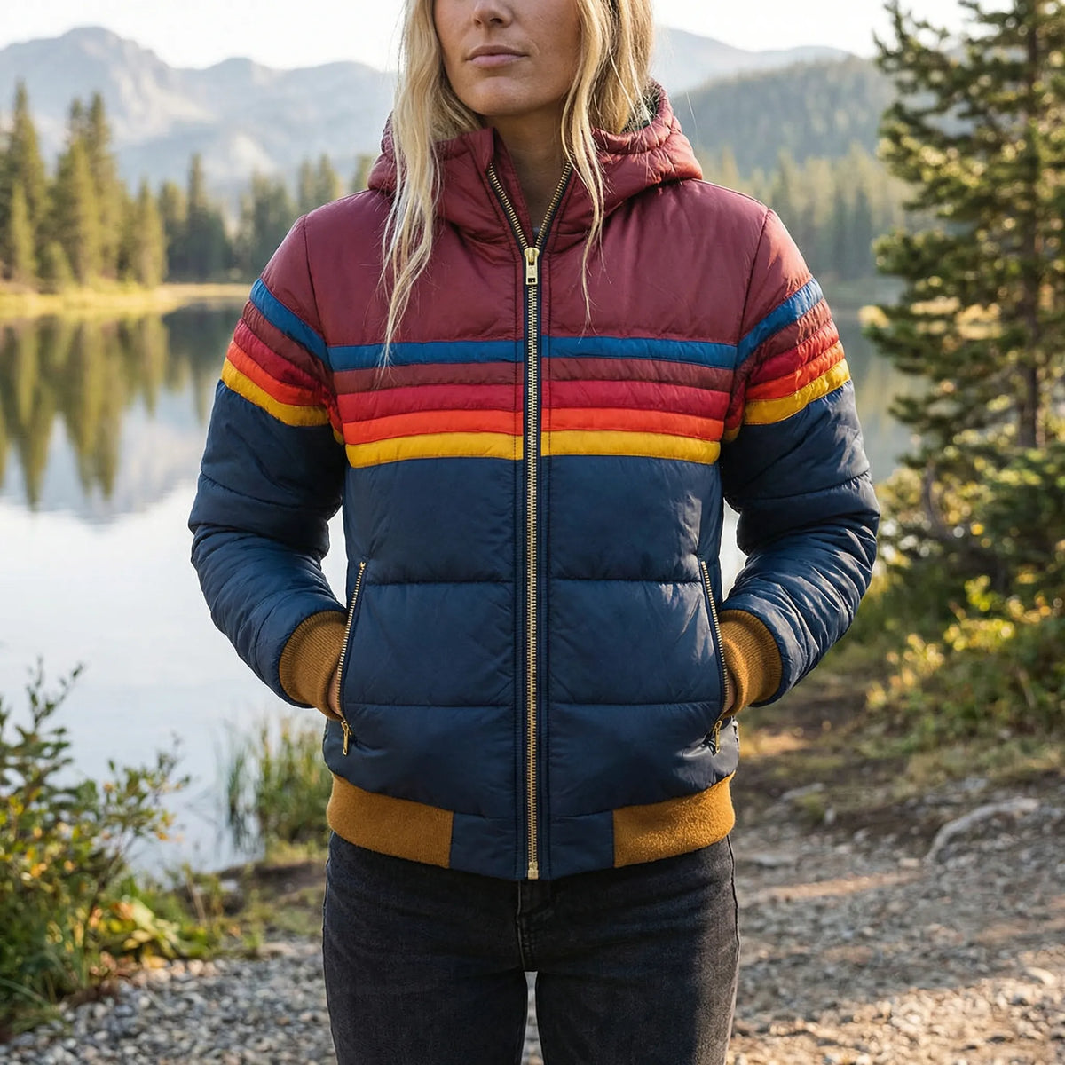 Women's Quilted Puffer Jacket with Colorblock Stripes