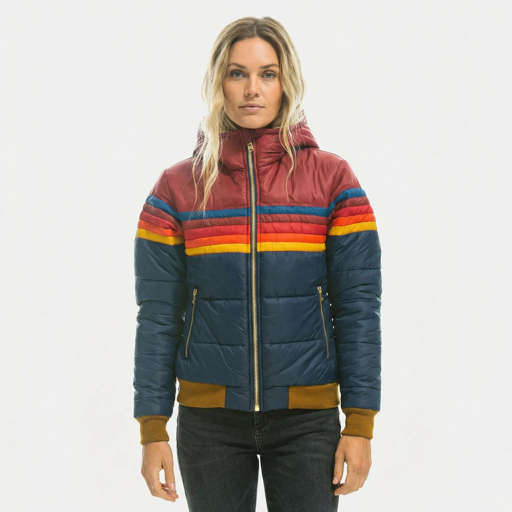 Women's Quilted Puffer Jacket with Colorblock Stripes