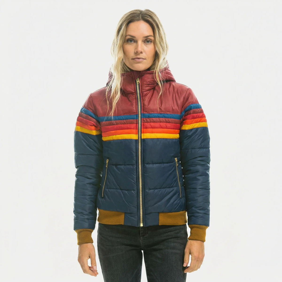 Women's Quilted Puffer Jacket with Colorblock Stripes