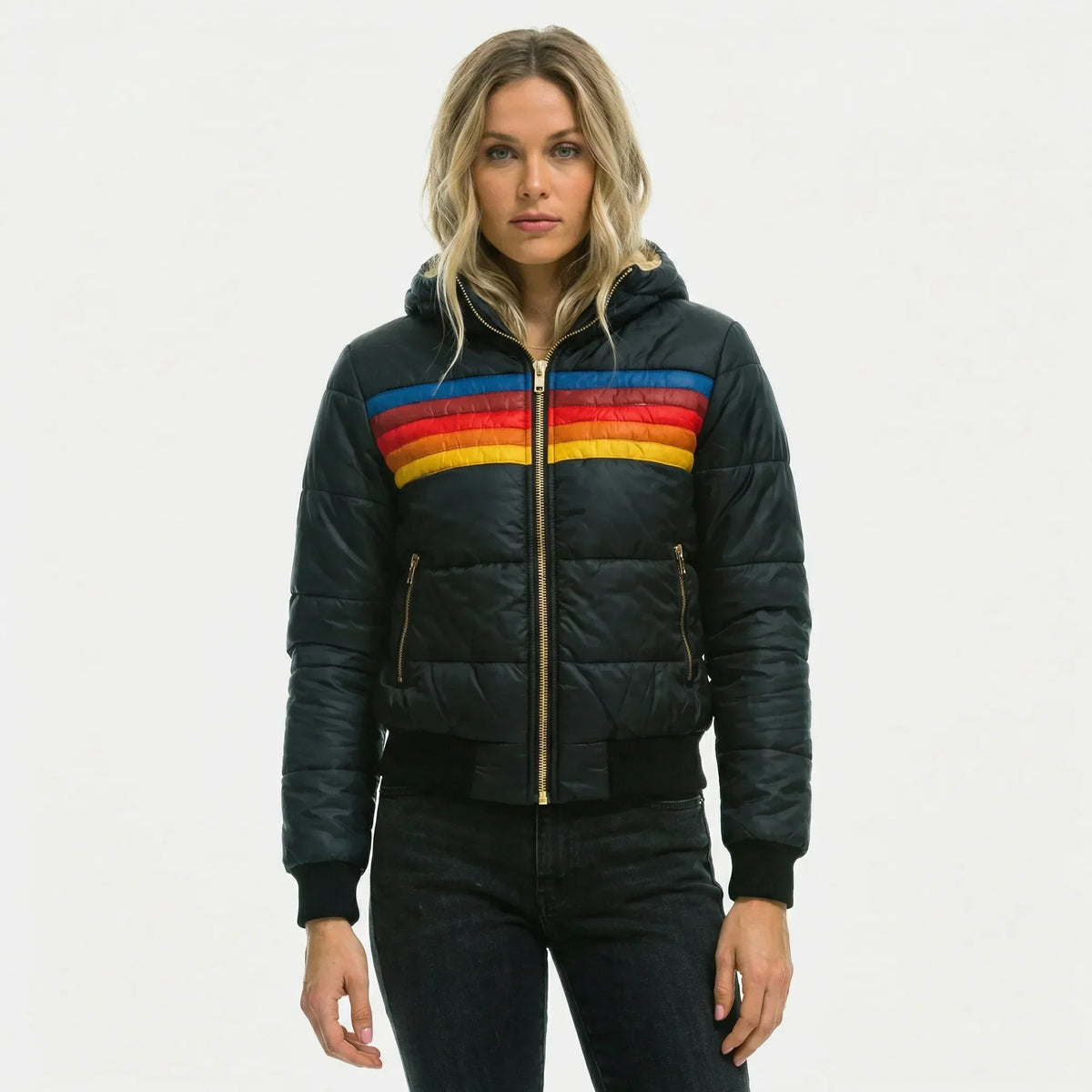 Women's Quilted Puffer Jacket with Colorblock Stripes