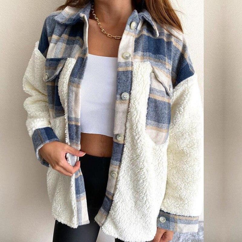 Women's Plaid Button-Front Shacket with Sherpa Sleeves