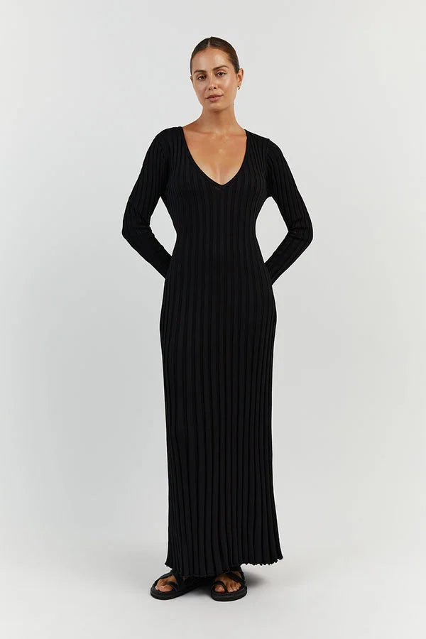 Women's Ribbed V-Neck Maxi Sweater Dress Long Sleeve