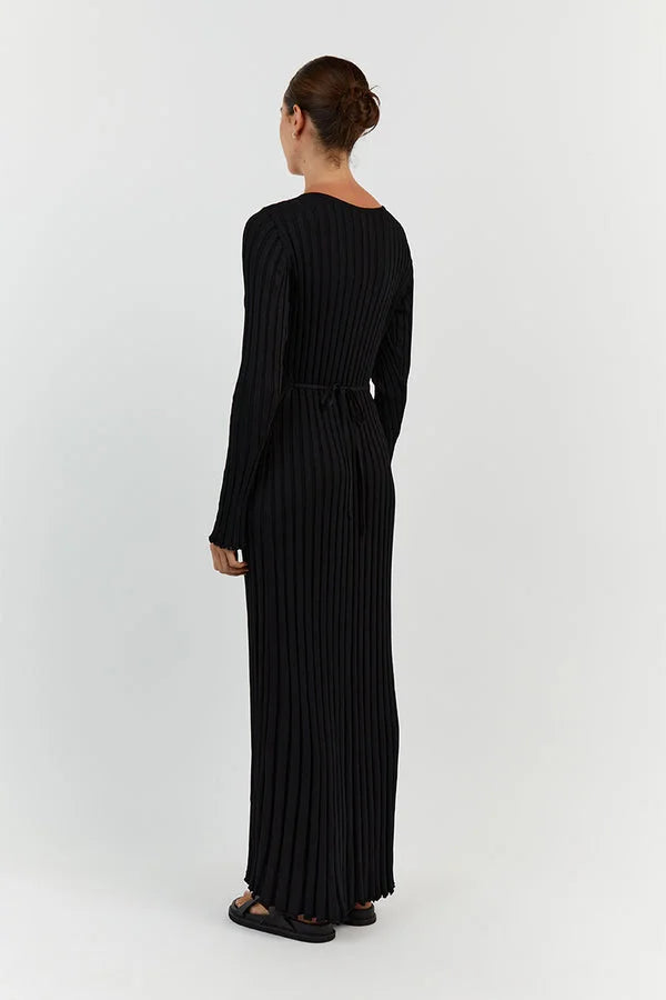 Women's Ribbed V-Neck Maxi Sweater Dress Long Sleeve