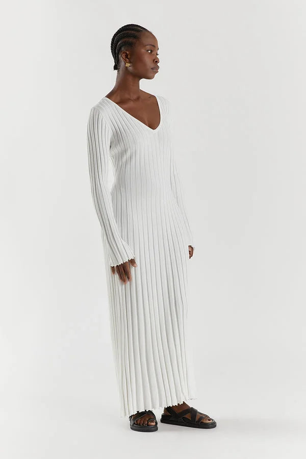 Women's Ribbed V-Neck Maxi Sweater Dress Long Sleeve