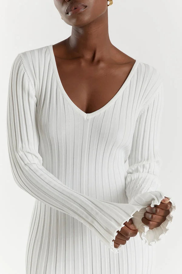 Women's Ribbed V-Neck Maxi Sweater Dress Long Sleeve