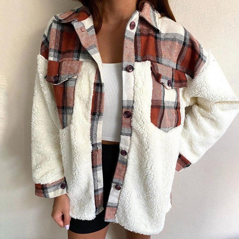 Women's Plaid Button-Front Shacket with Sherpa Sleeves