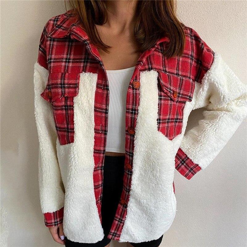 Women's Plaid Button-Front Shacket with Sherpa Sleeves