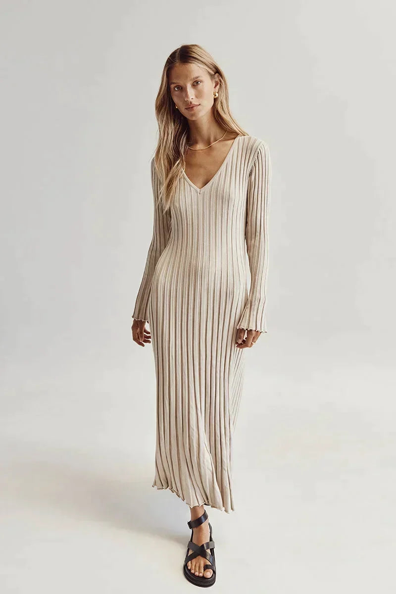 Women's Ribbed V-Neck Maxi Sweater Dress Long Sleeve
