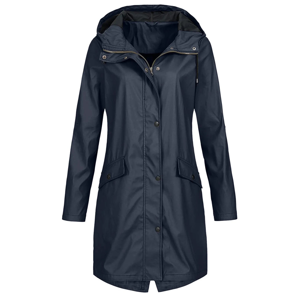 Women's Hooded Waterproof Raincoat Long Zip Front