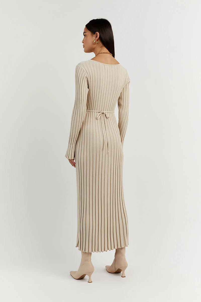 Women's Ribbed V-Neck Maxi Sweater Dress Long Sleeve