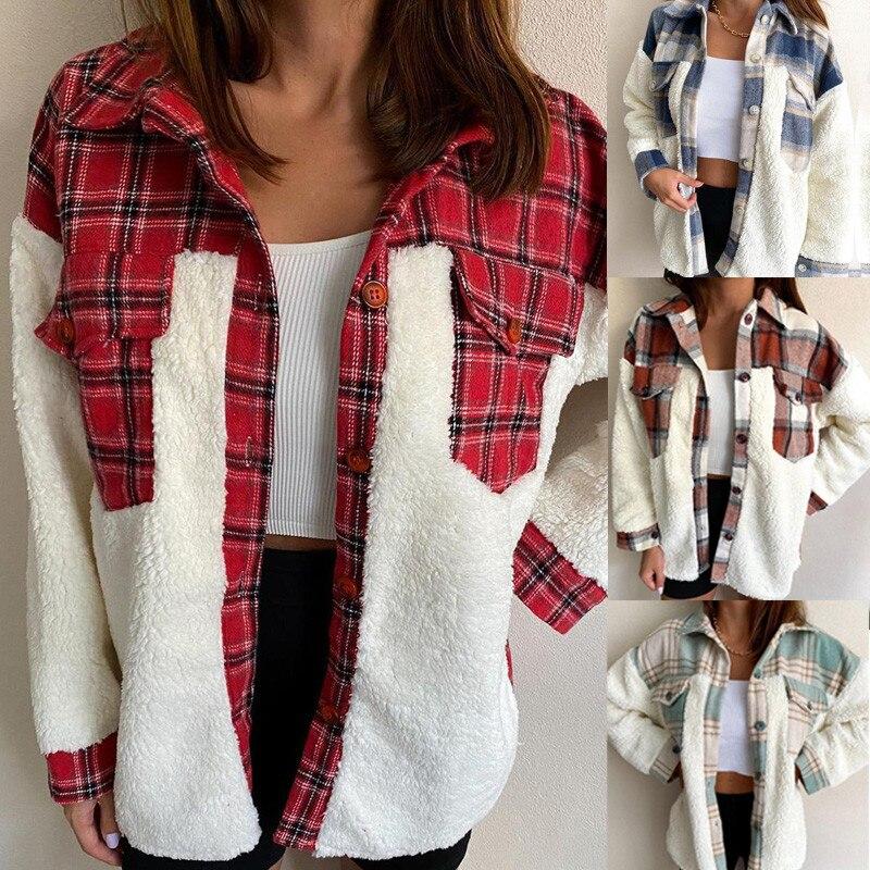 Women's Plaid Button-Front Shacket with Sherpa Sleeves