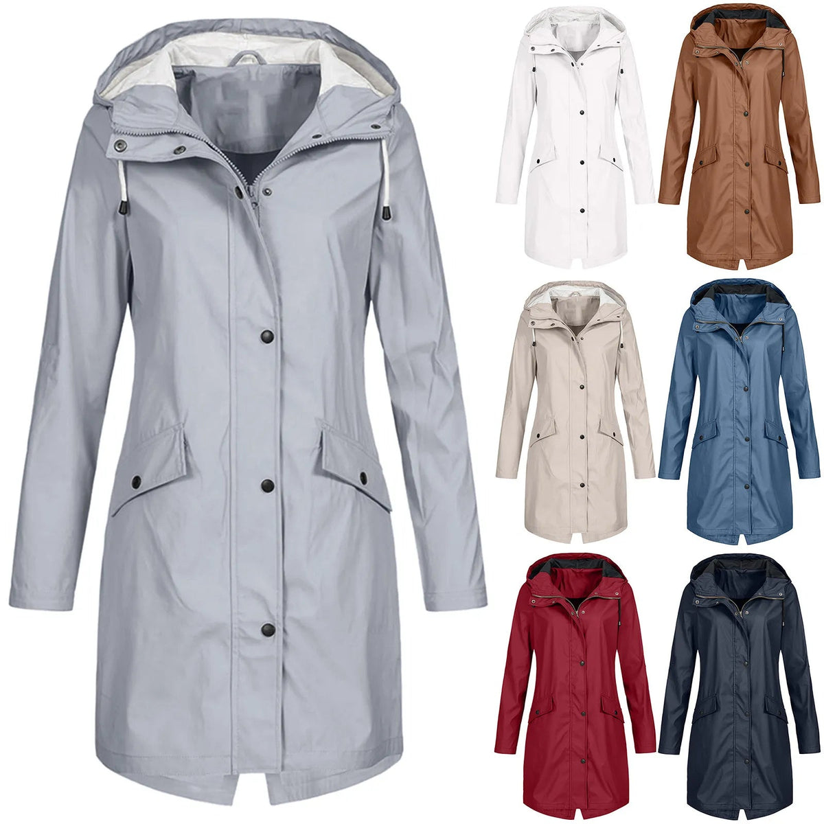 Women's Hooded Waterproof Raincoat Long Zip Front
