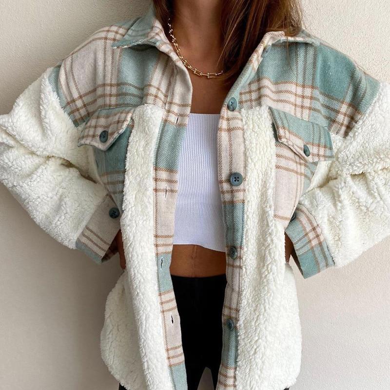 Women's Plaid Button-Front Shacket with Sherpa Sleeves