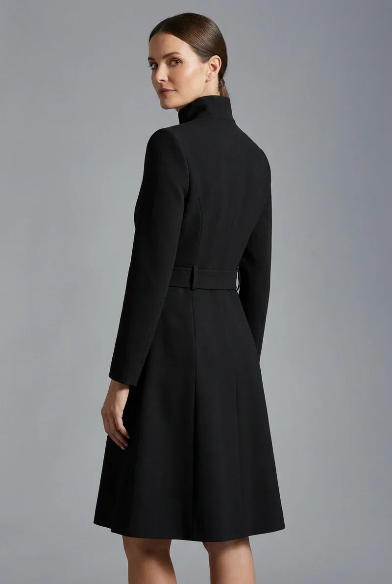 Women's Black High Neck Belted Asymmetric Midi Dress