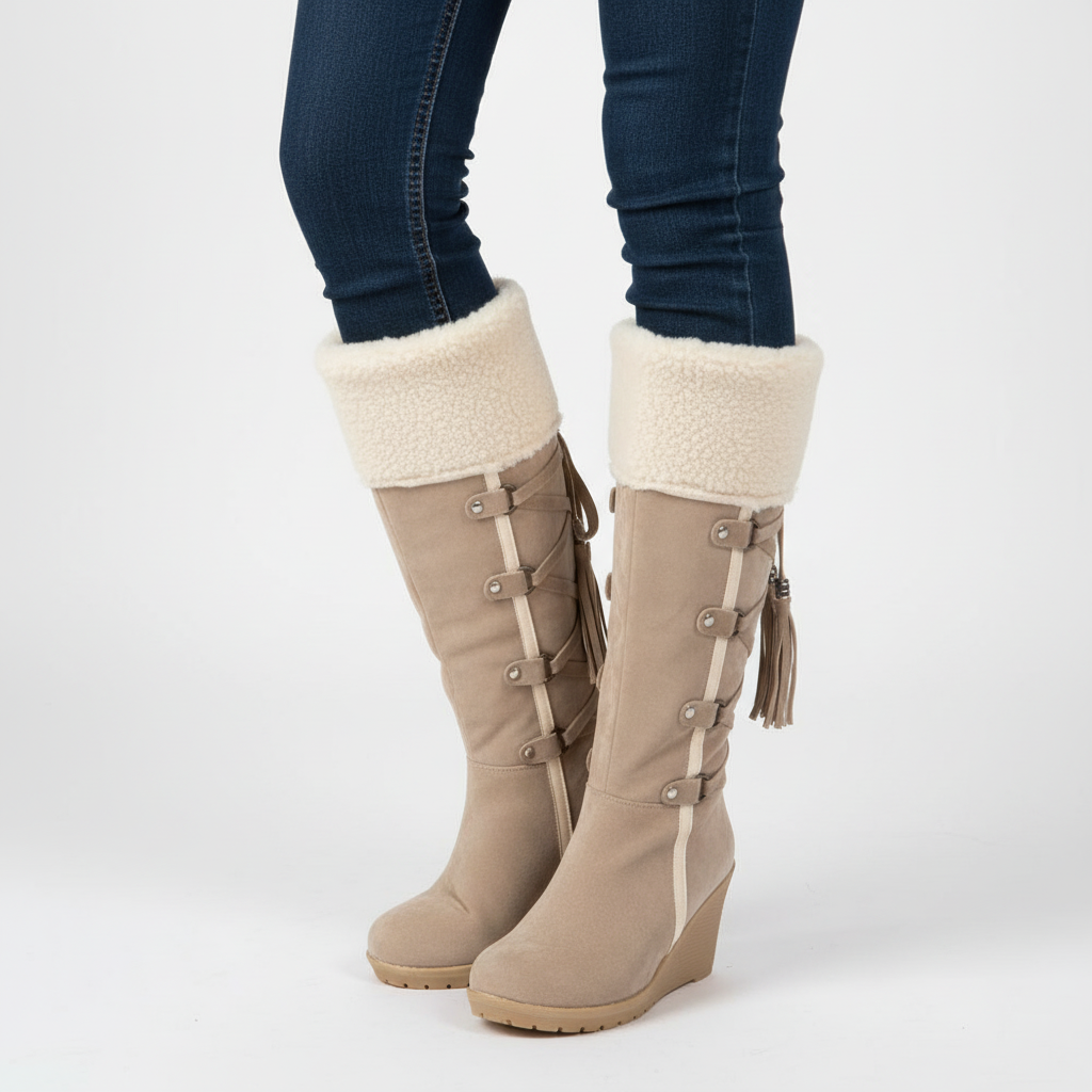Women's Wedge Heel Knee-High Boots with Faux Fur Trim