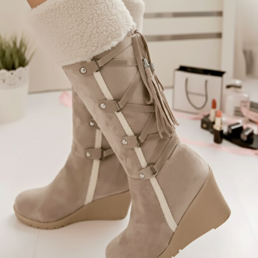 Women's Wedge Heel Knee-High Boots with Faux Fur Trim
