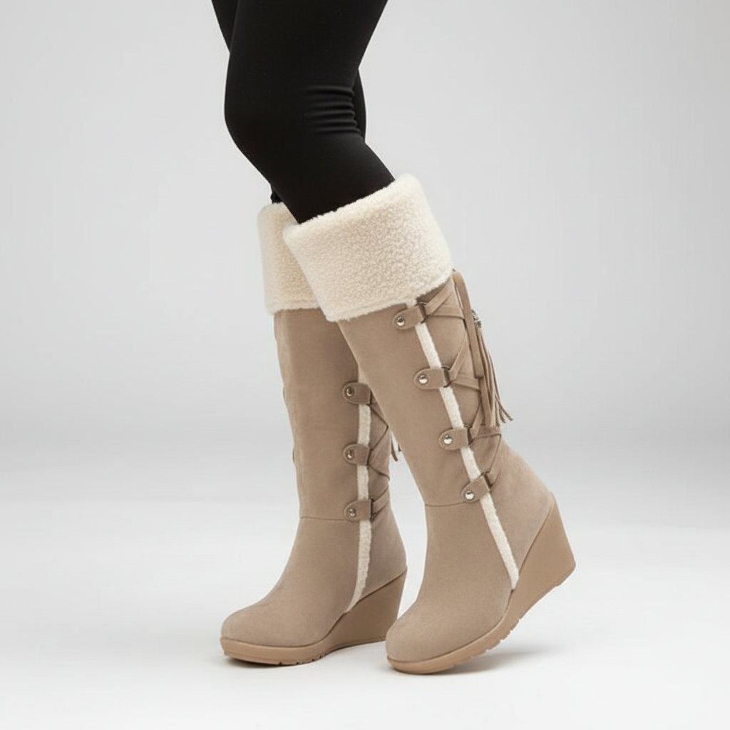 Women's Wedge Heel Knee-High Boots with Faux Fur Trim