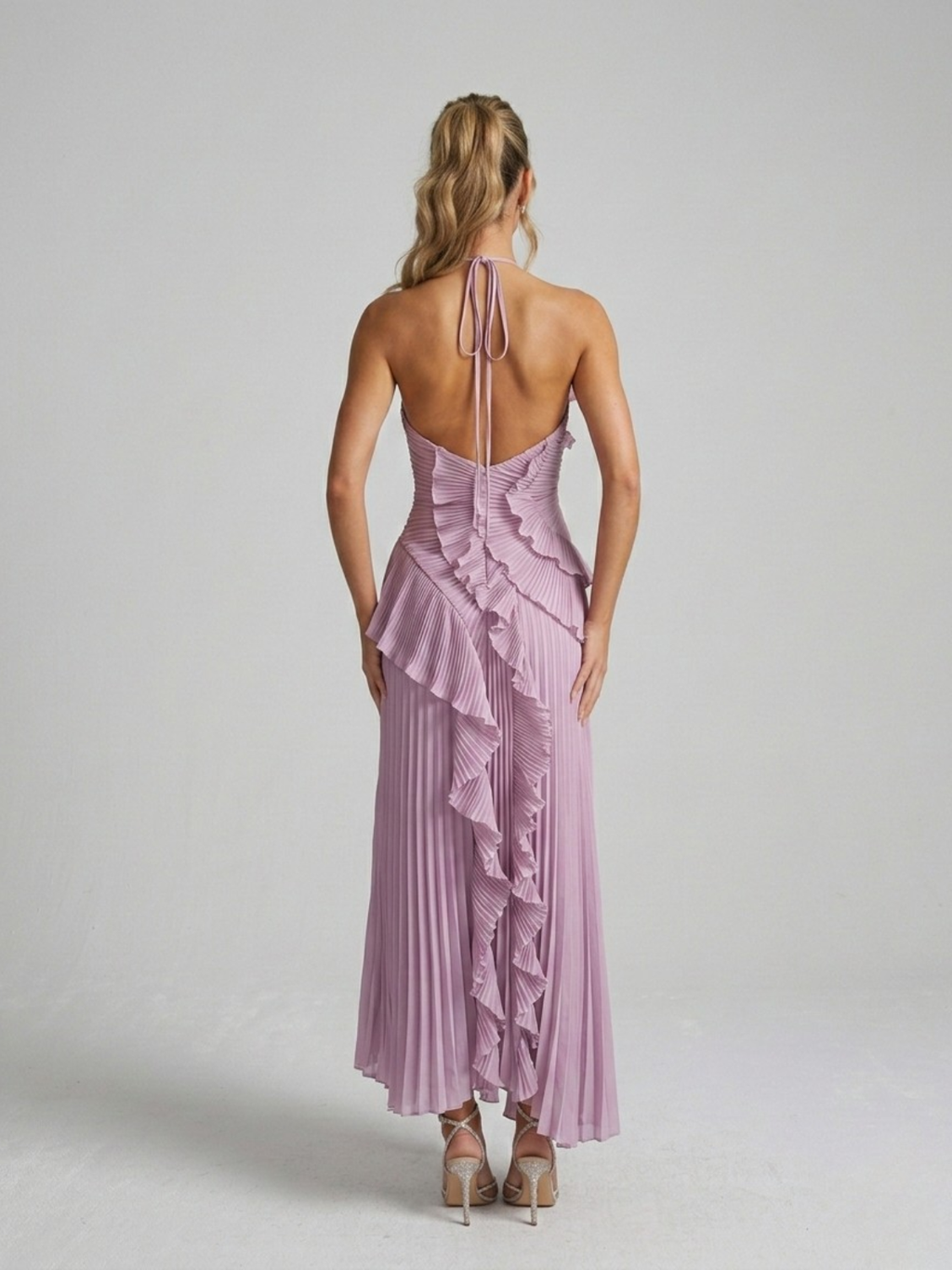 Montarello Women's Pleated Ruffle Halterneck Maxi Dress – Wedding Guest Style