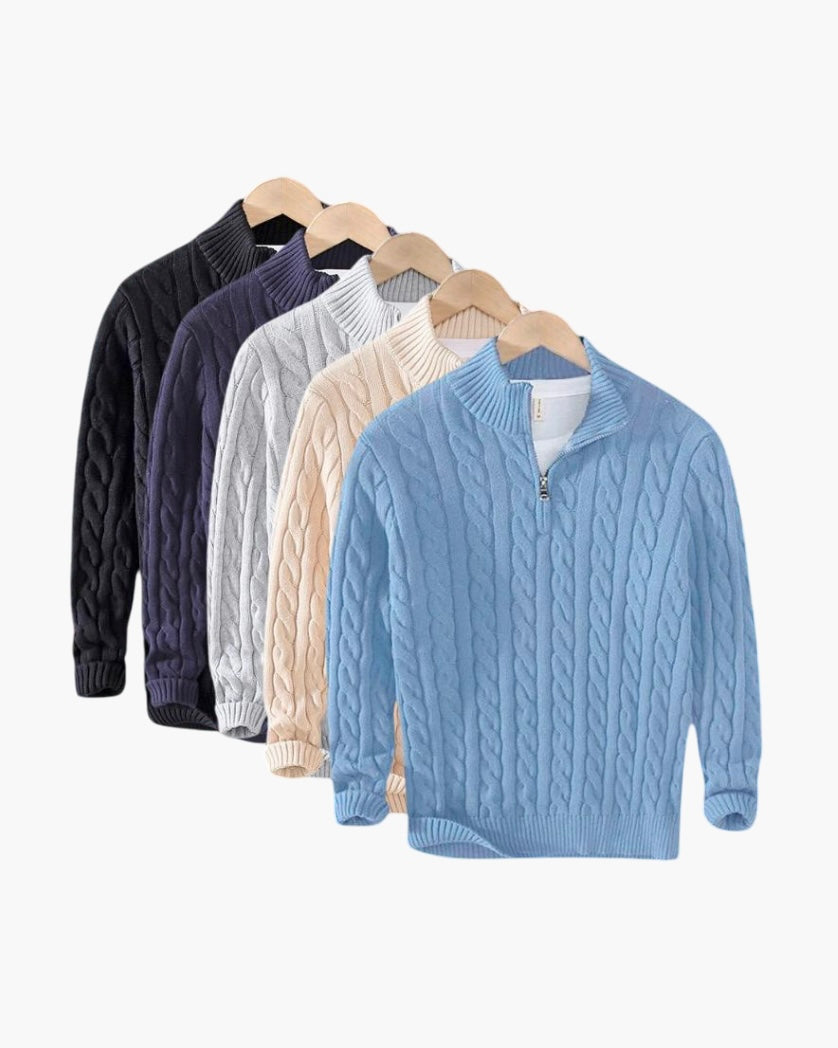 Men's Cable Knit Quarter-Zip Sweater, Long Sleeves, 5-Pack