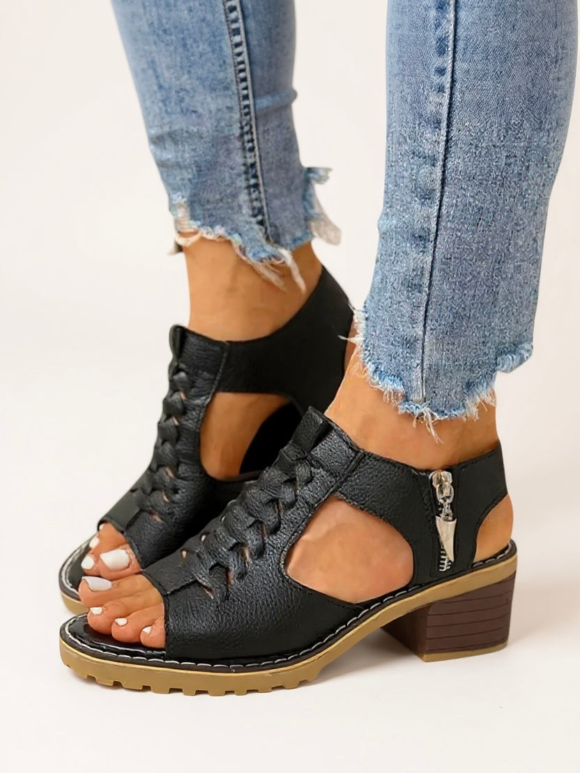 Women's Block Heel Sandals with Cushioned Footbed and Zip Closure