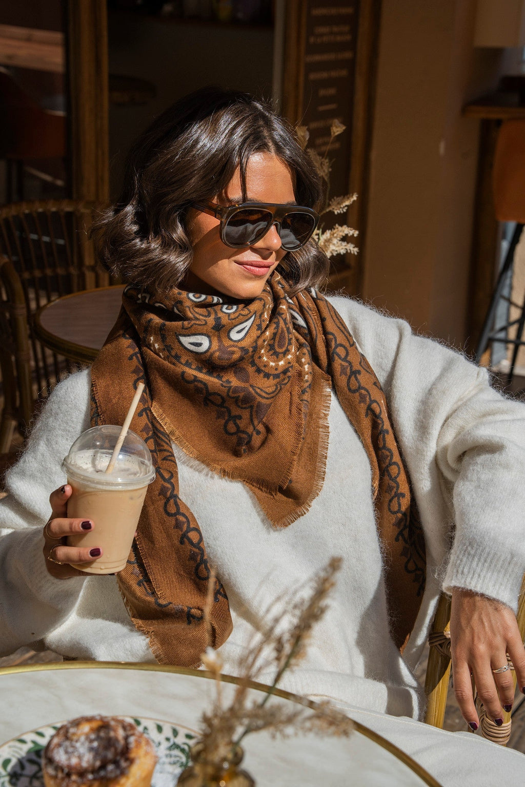 Women's Brown Paisley Bandana Scarf, Fringed Edges
