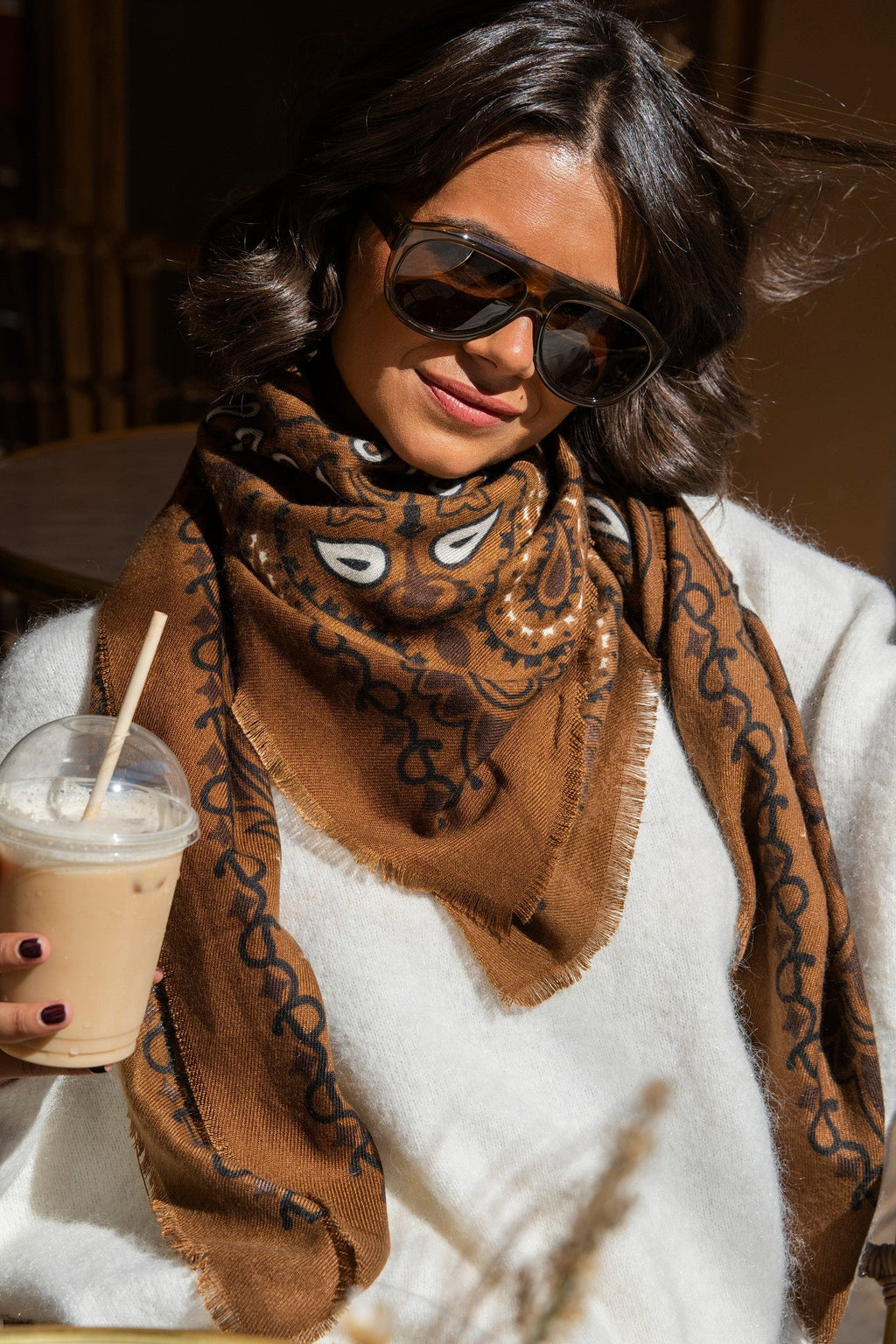 Women's Brown Paisley Bandana Scarf, Fringed Edges