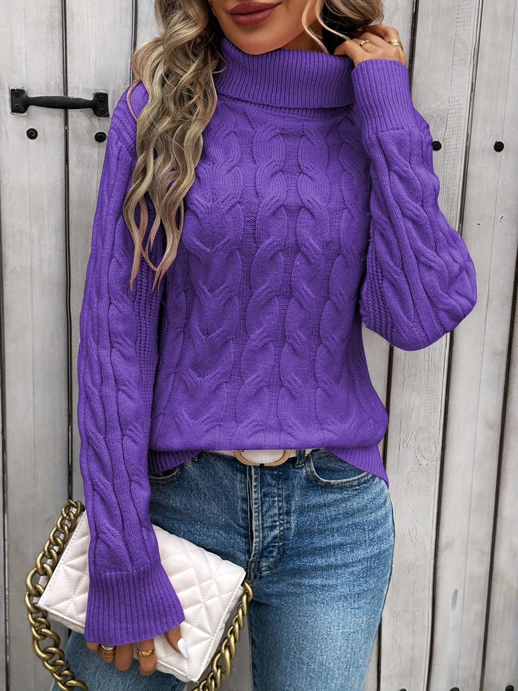 Women's Cable Knit Turtleneck Sweater, Long Sleeves, Ribbed Trim