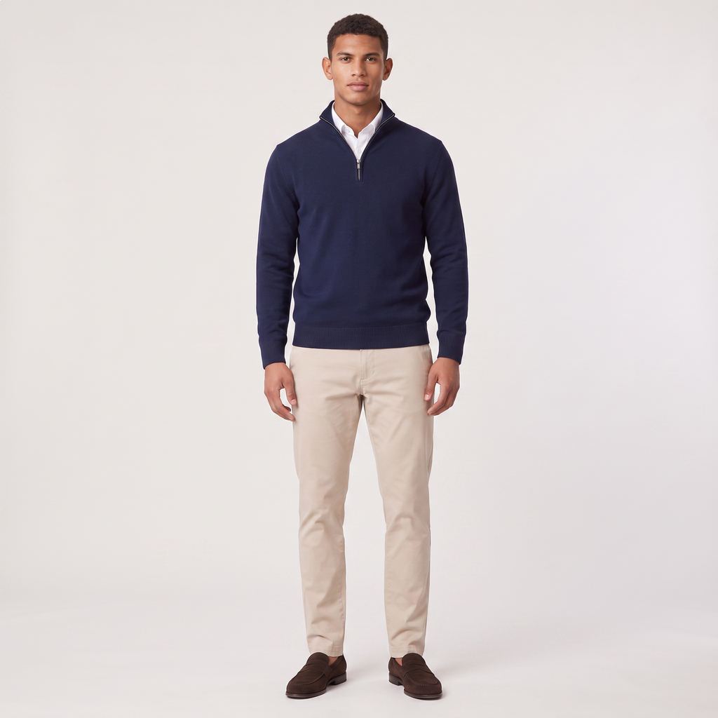 Montarello Men's Quarter-Zip Knitted-Look Sweater with Stand Collar