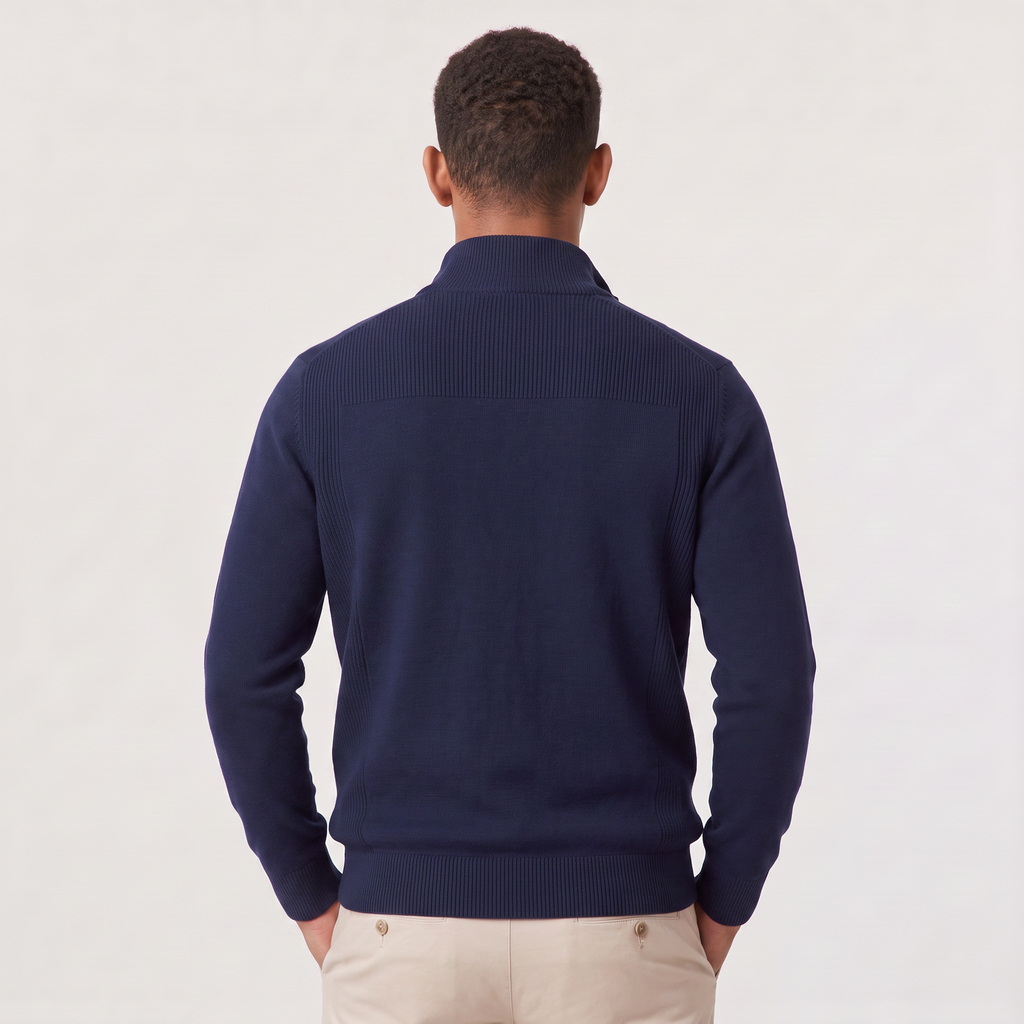 Montarello Men's Quarter-Zip Knitted-Look Sweater with Stand Collar