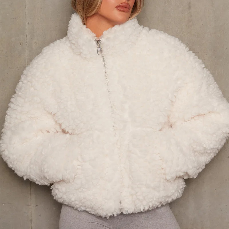 Women's Zip-Up Teddy Jacket with High Collar