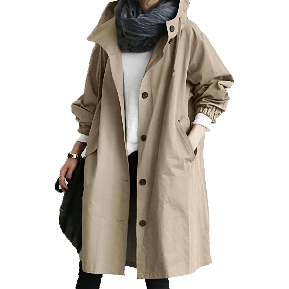 Women's Oversized Trench Coat with Button Front and Hood