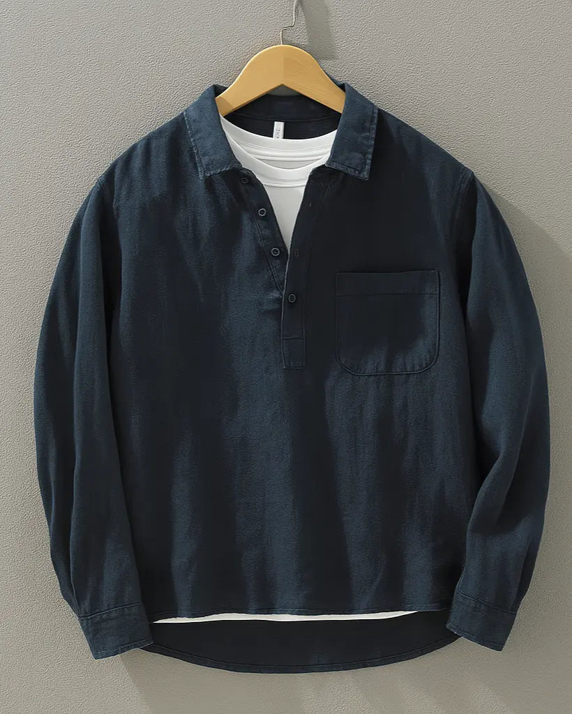 Men's Long Sleeve Popover Shirt, Button Placket, Chest Pocket