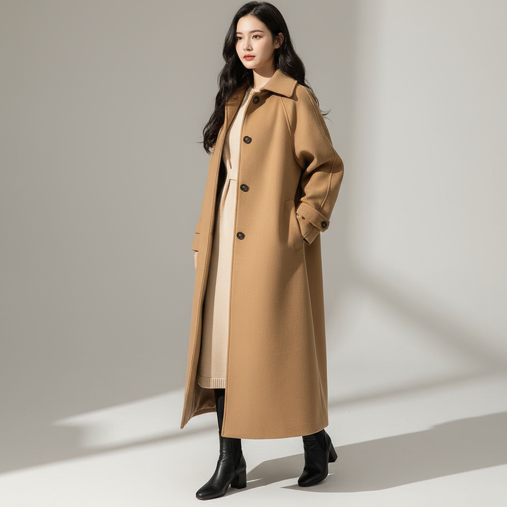 Women's Long Trench Coat with Button Front and Classic Collar