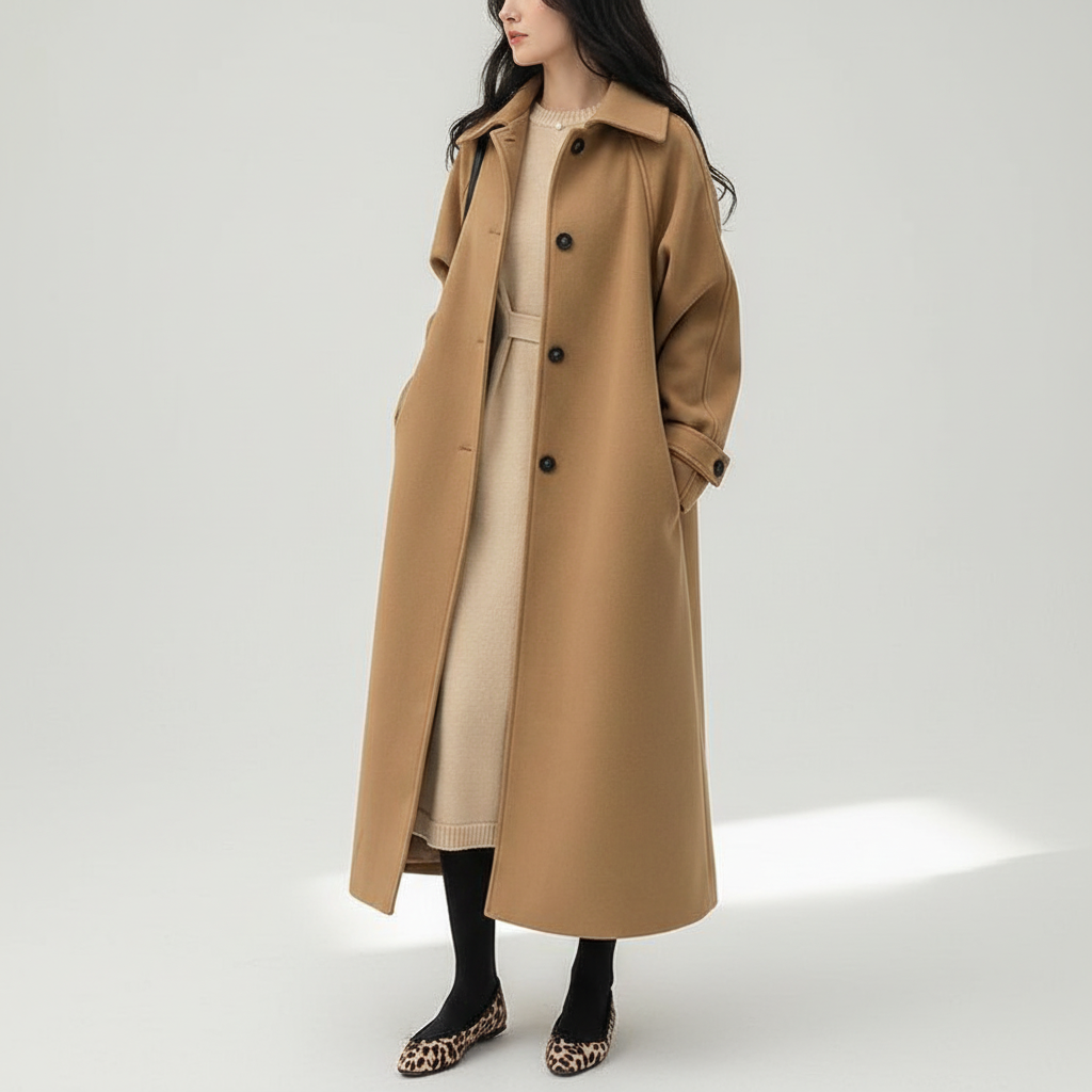 Women's Long Trench Coat with Button Front and Classic Collar
