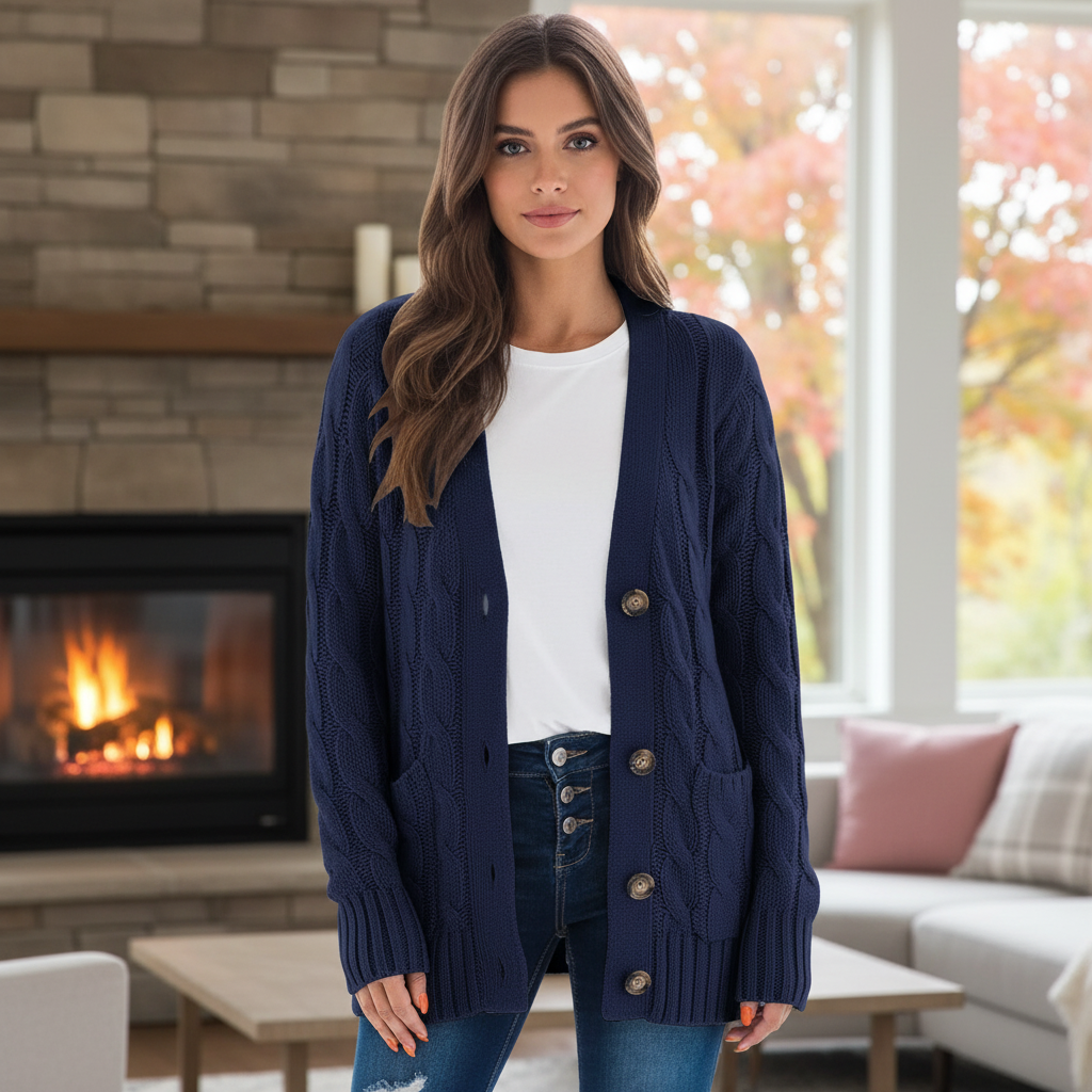 Women's Cable Knit Cardigan with Button Front V-Neck