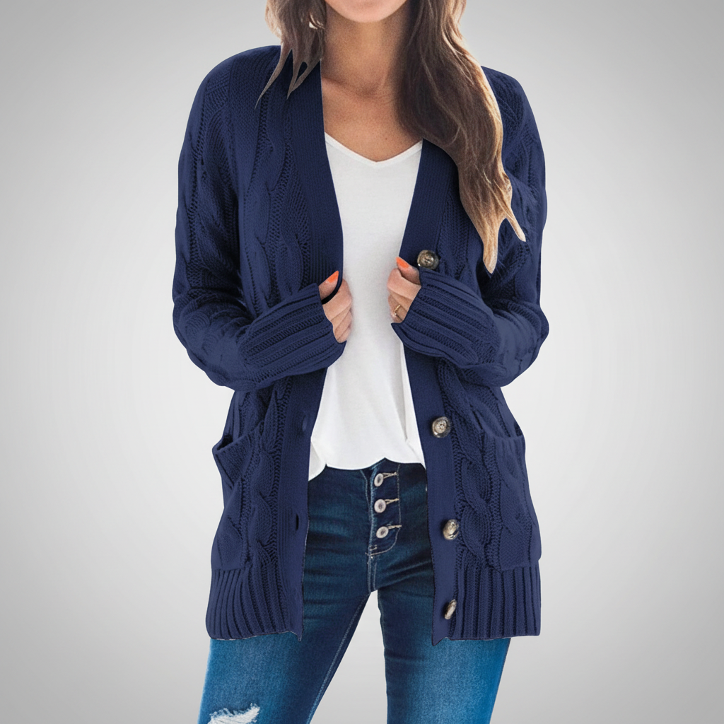 Women's Cable Knit Cardigan with Button Front V-Neck