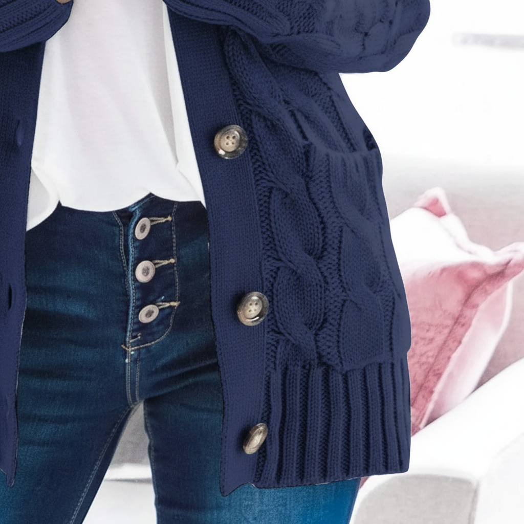 Women's Cable Knit Cardigan with Button Front V-Neck