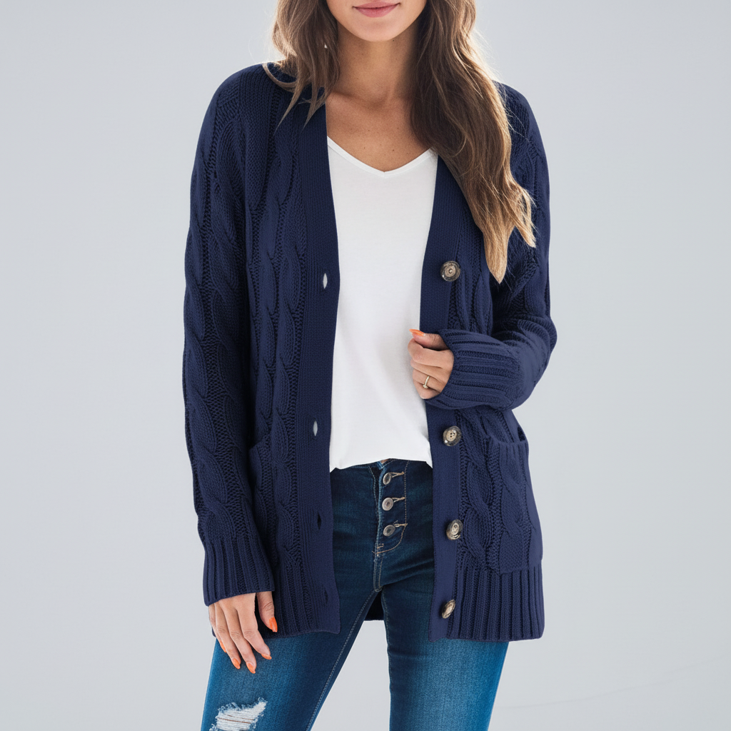Women's Cable Knit Cardigan with Button Front V-Neck