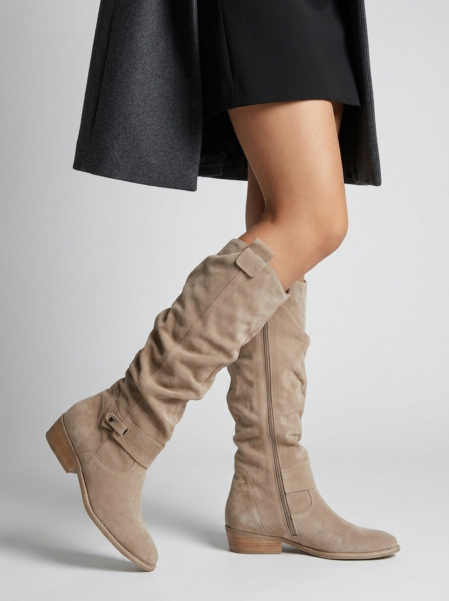 Women's Knee-High Boots, Ruched Shaft, Low Block Heel