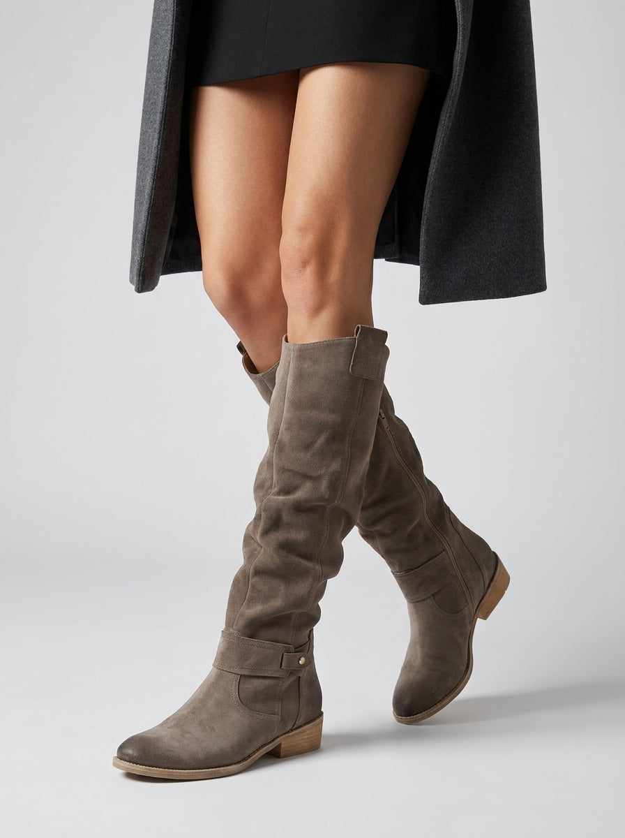 Women's Knee-High Boots, Ruched Shaft, Low Block Heel