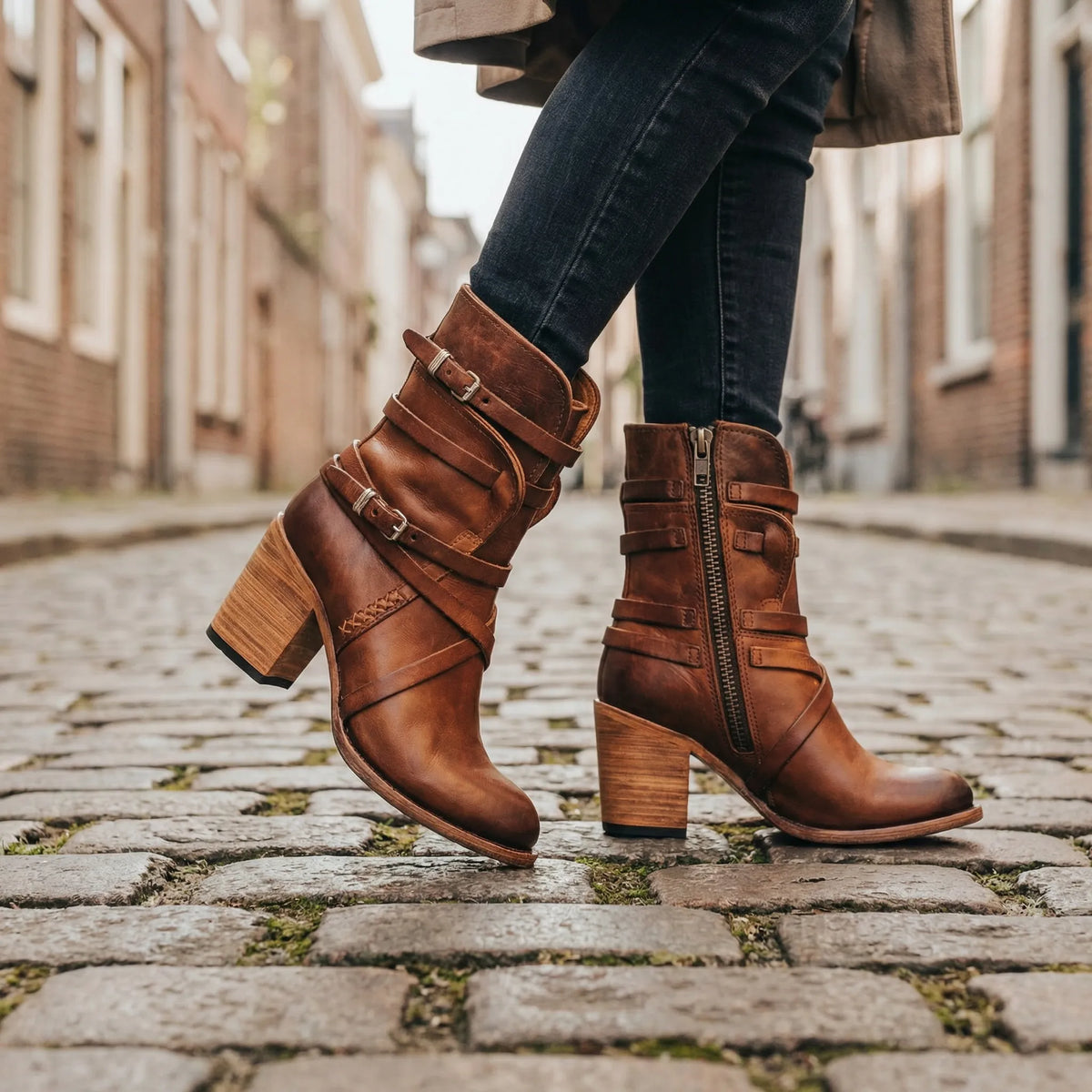 Women's Ankle Boots with Block Heel and Buckle Straps