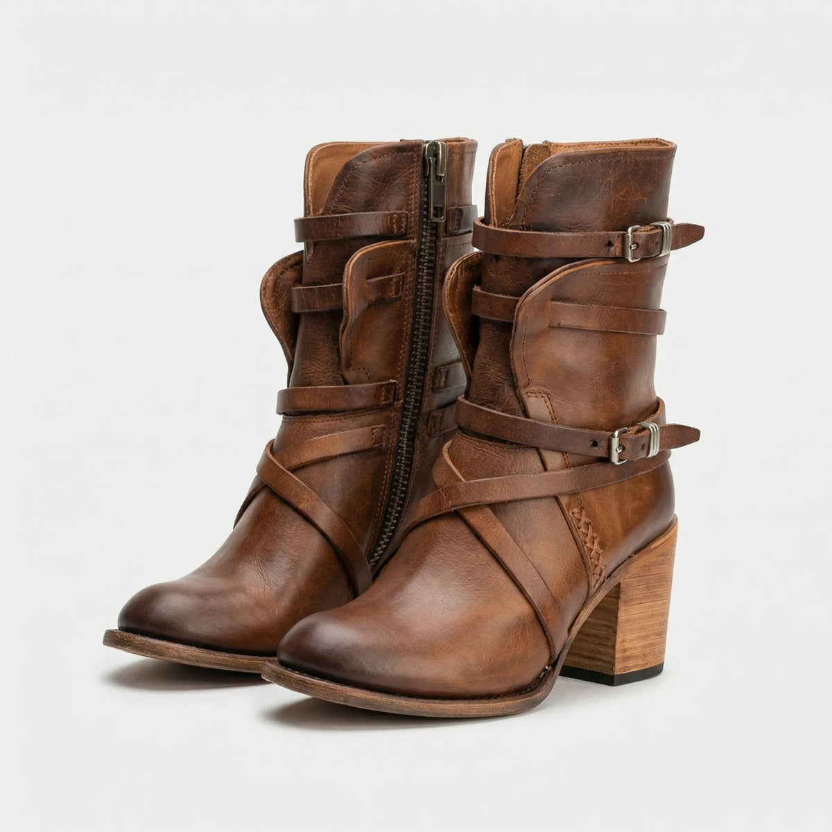 Women's Ankle Boots with Block Heel and Buckle Straps
