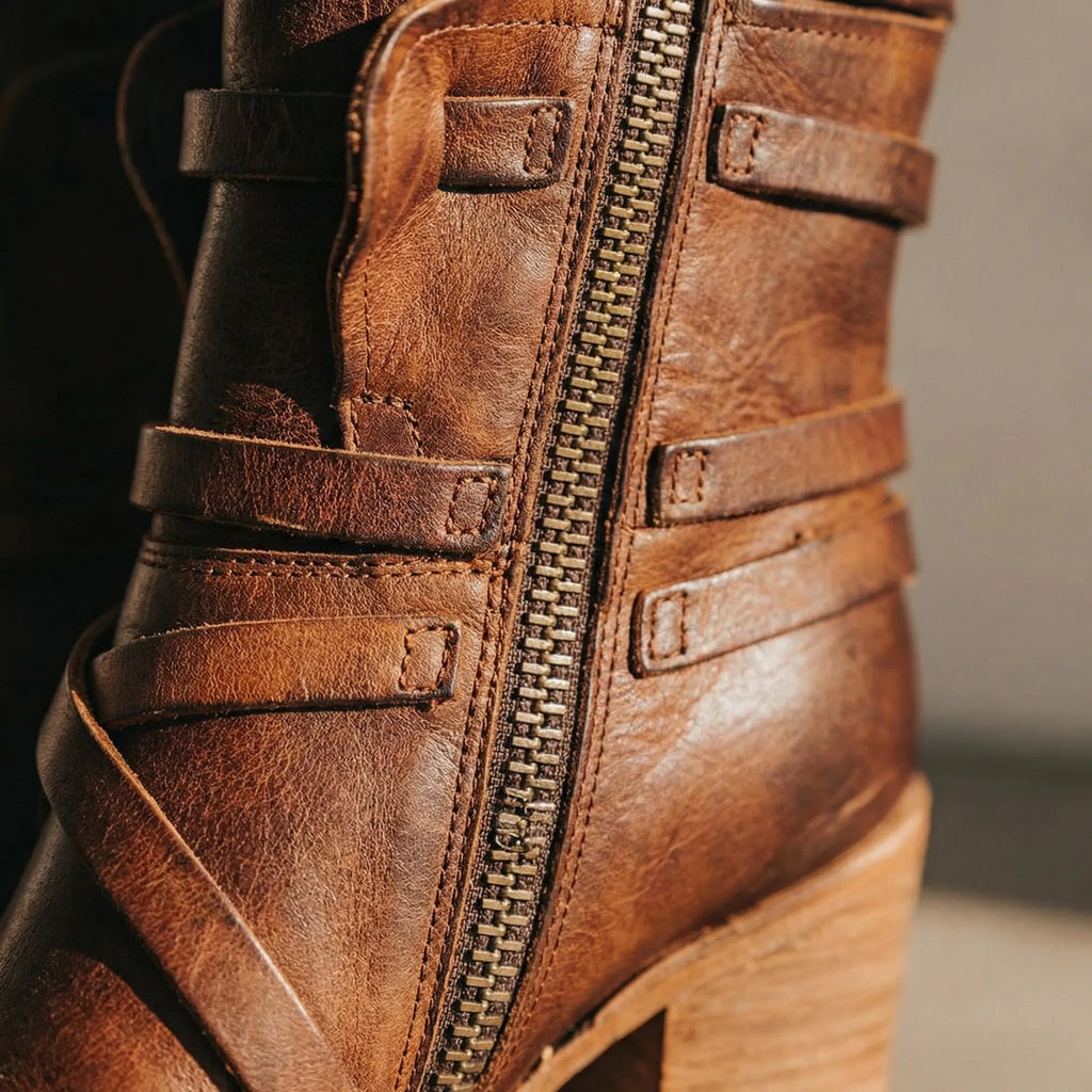 Women's Ankle Boots with Block Heel and Buckle Straps