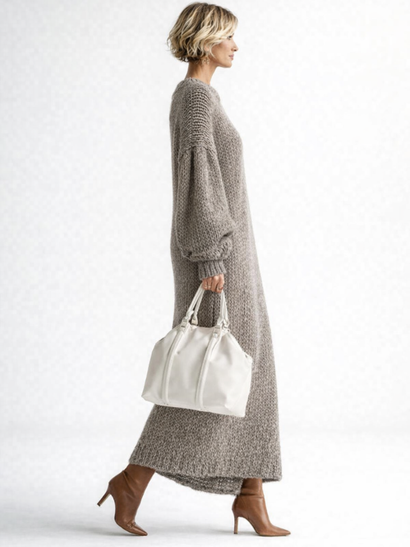 Women's Oversized Knit Maxi Sweater Dress, Crew Neck, Long Sleeves
