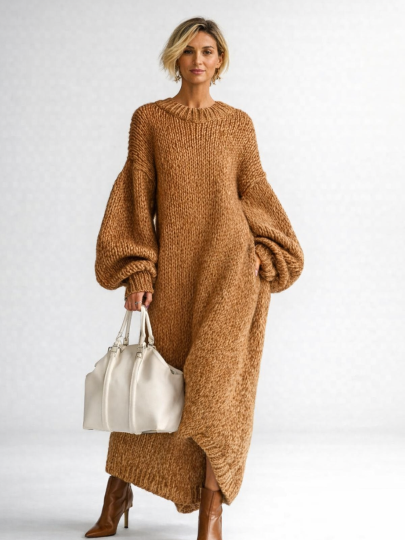 Women's Oversized Knit Maxi Sweater Dress, Crew Neck, Long Sleeves