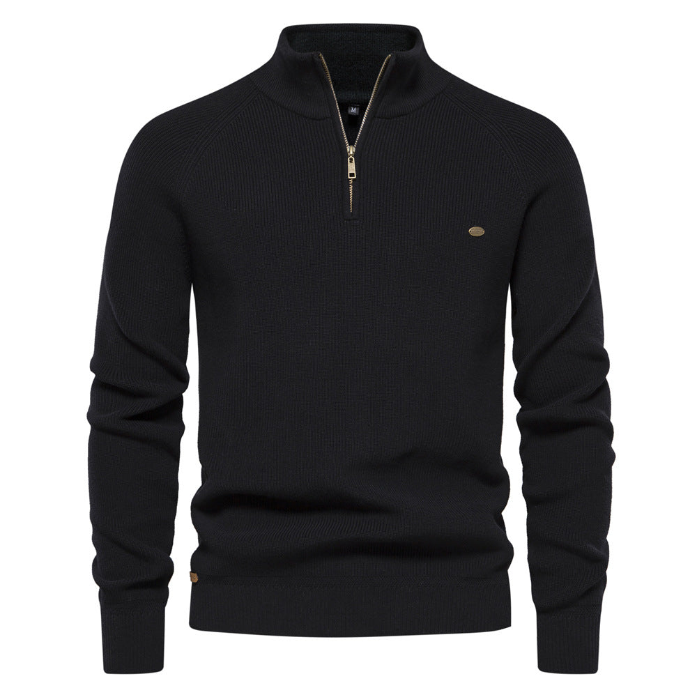 Men's Quarter-Zip Ribbed Knit Sweater, Stand Collar, Long Sleeves