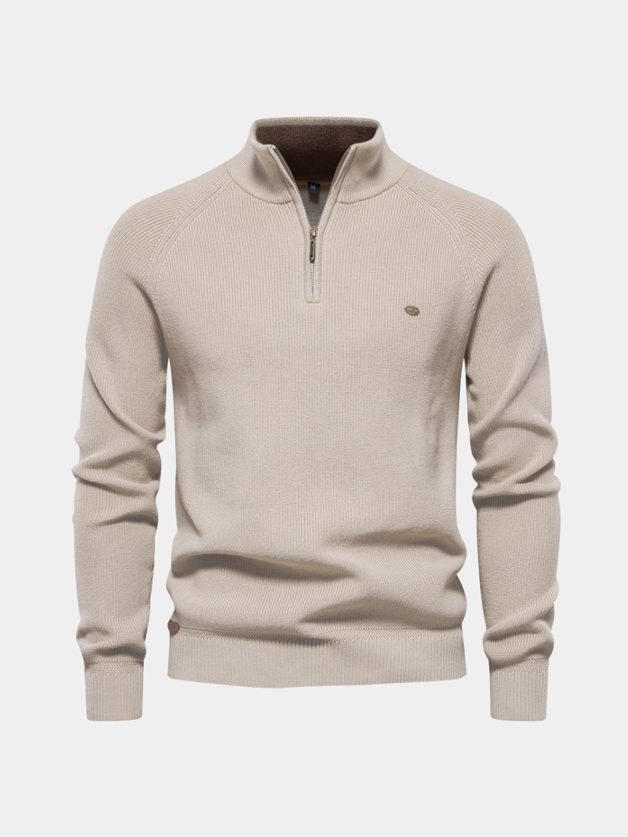 Men's Quarter-Zip Ribbed Knit Sweater, Stand Collar, Long Sleeves