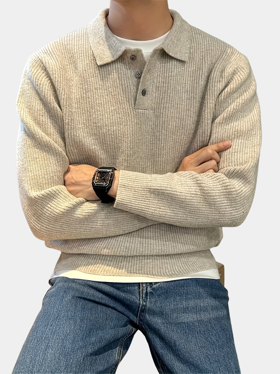 Men's Ribbed Knit Polo Sweater, Long Sleeve, Button Placket